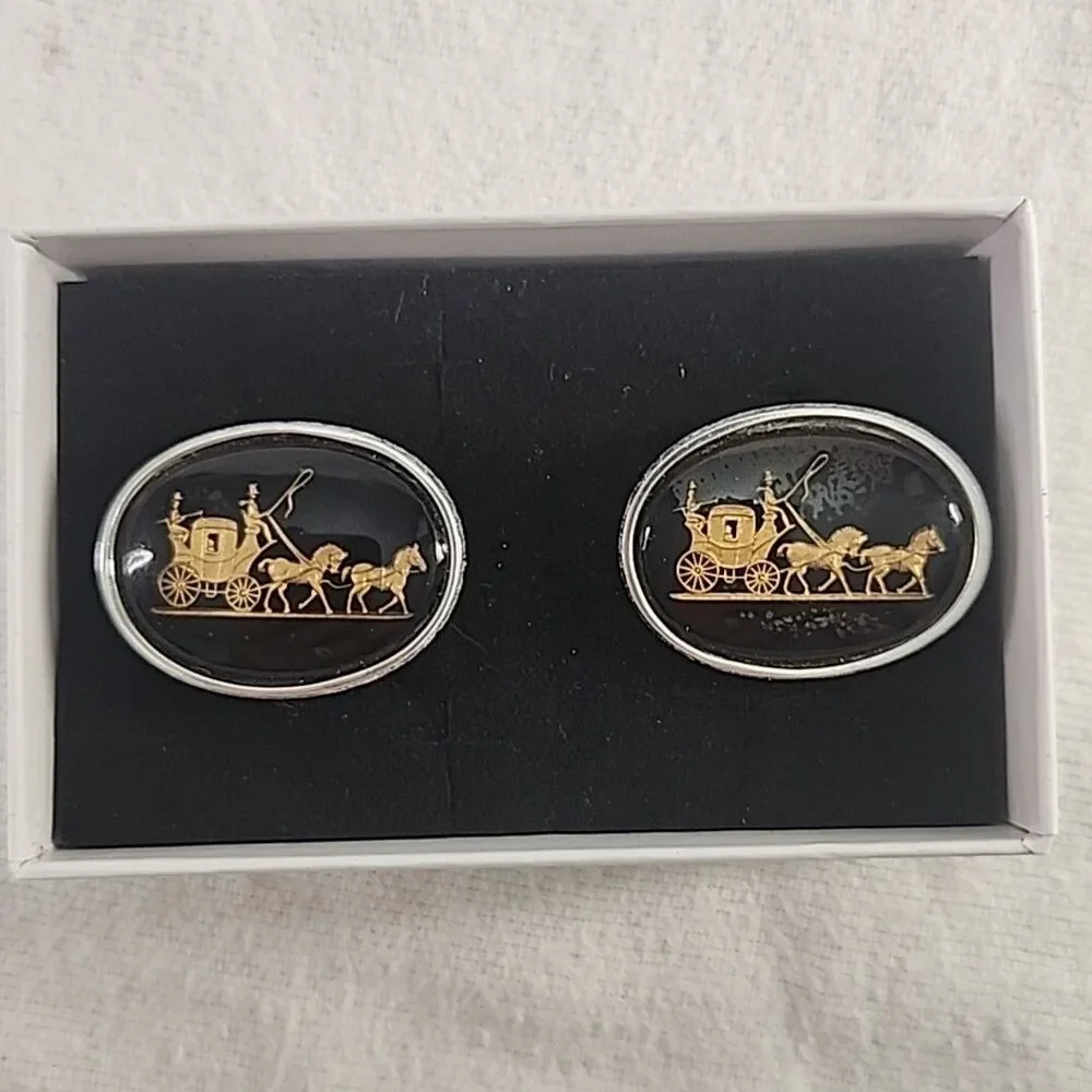Cufflinks Silver Celluloid And Gold Colored Raised Metal Stagecoach Shields VNTG